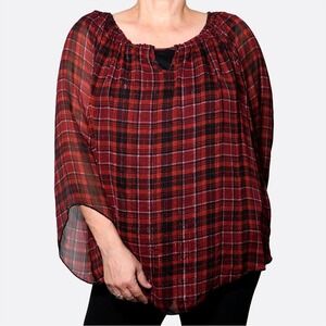 Dressbarn Metallic Red Plaid Layered Boho Blouse Plus Size 2X XXL Holiday Glam